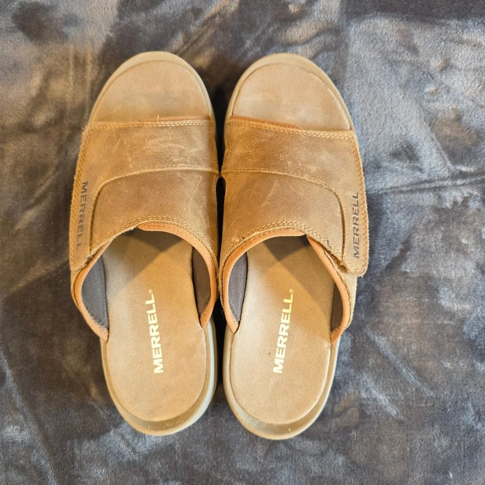 Merrell Mens Tobacco Brown Leather Slide Sandals J003827 Size 7 Air Cushion